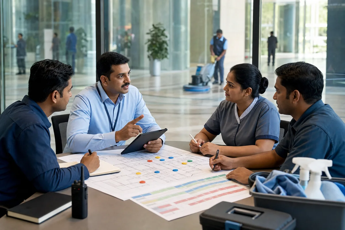 Facility operations manager coordinating supervisors and service team leads